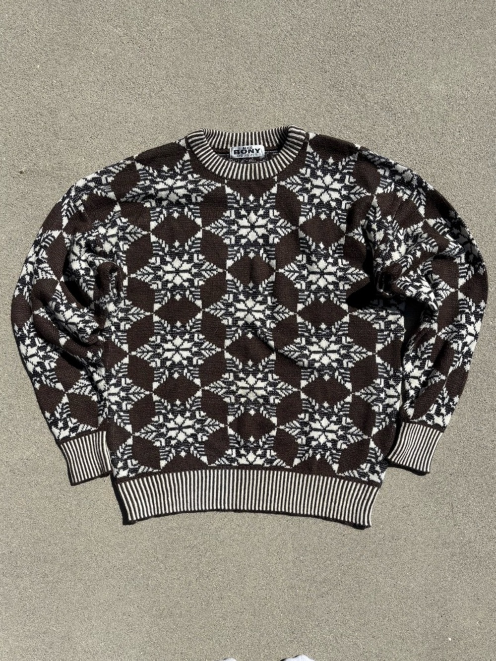 Alice Bony Brown & White Geometric Knit Crewneck Sweater